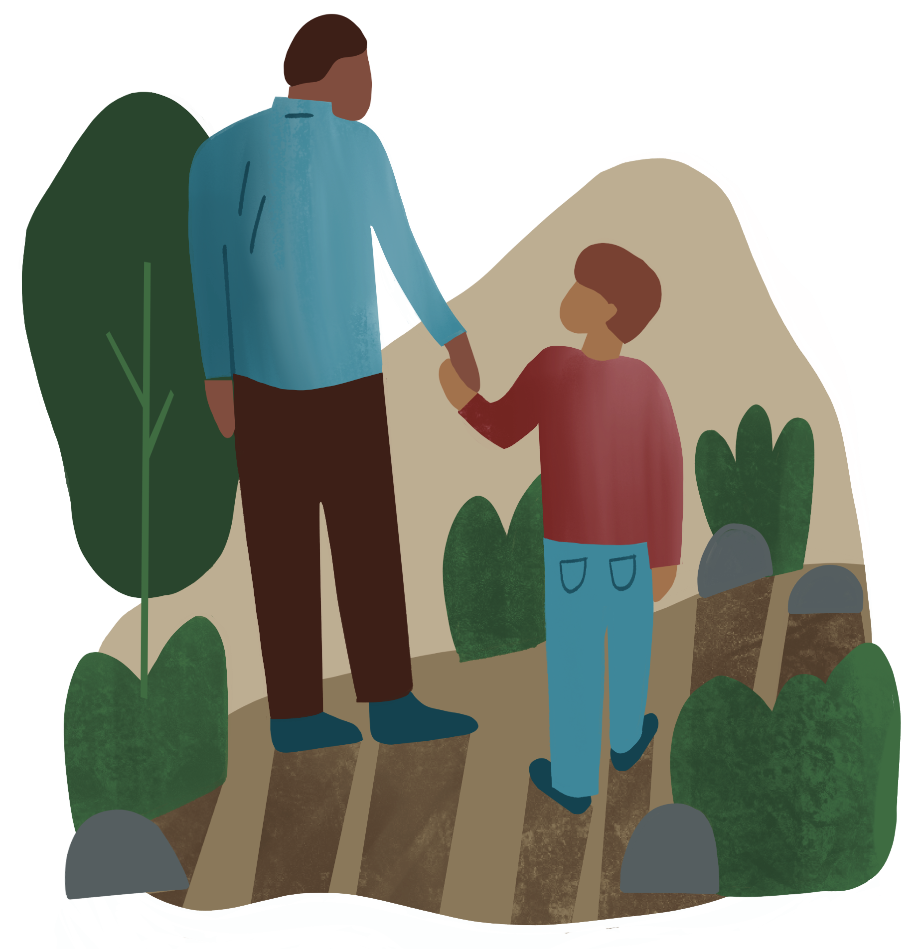 A man and child holding hands on a path. Surrounded by green foliage, they face a rocky hill. The scene conveys warmth and guidance.